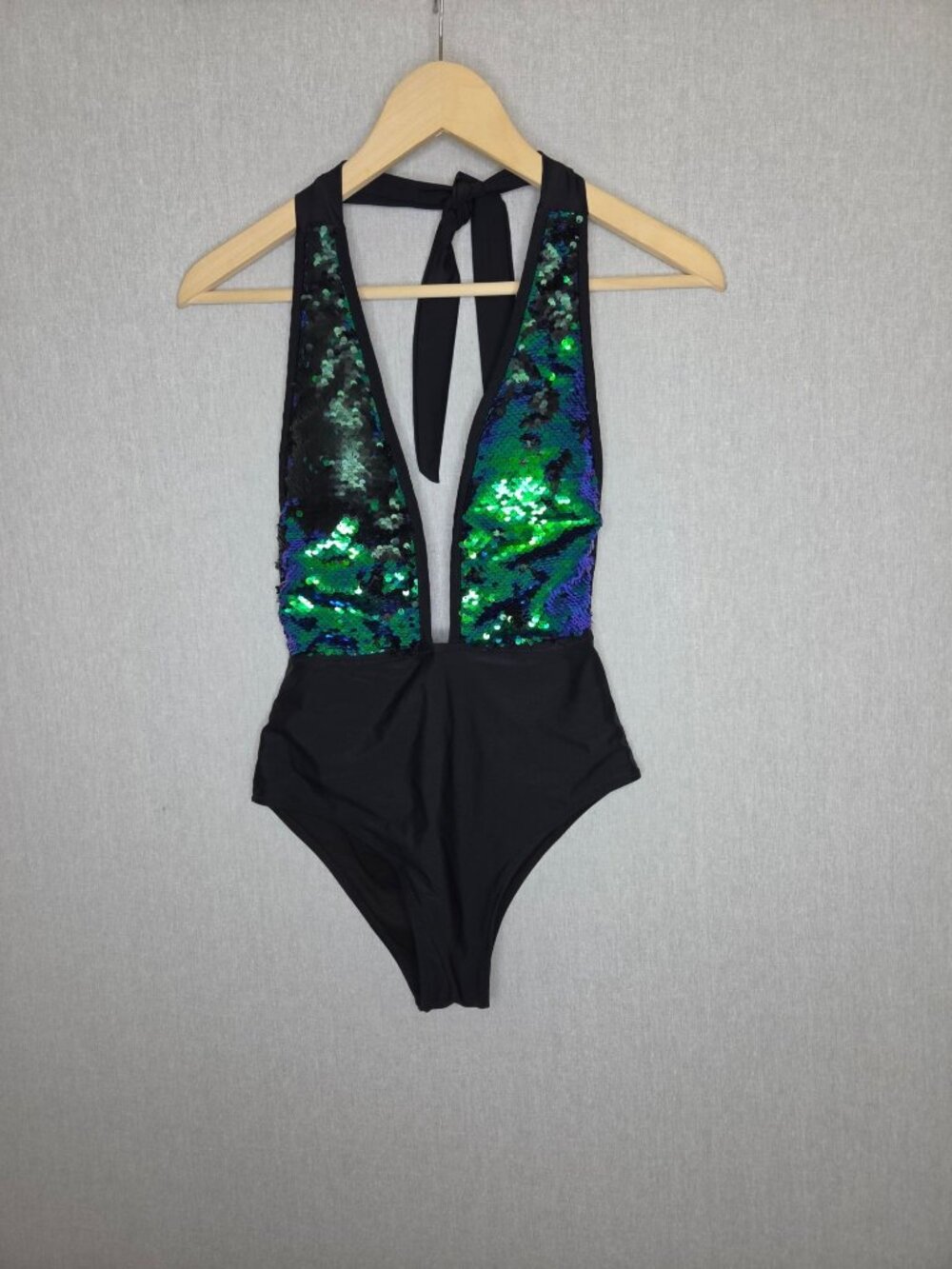 NWOT ZAFUL Black Reversible Sequin Plunge One Piece Swimsuit Size S Halter